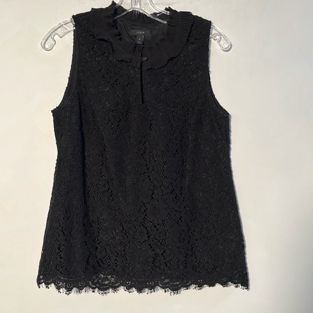 J. CREW Coquette Ruffle Collar BLK Floral Lace Keyhole Front Eyelash Hem Top S